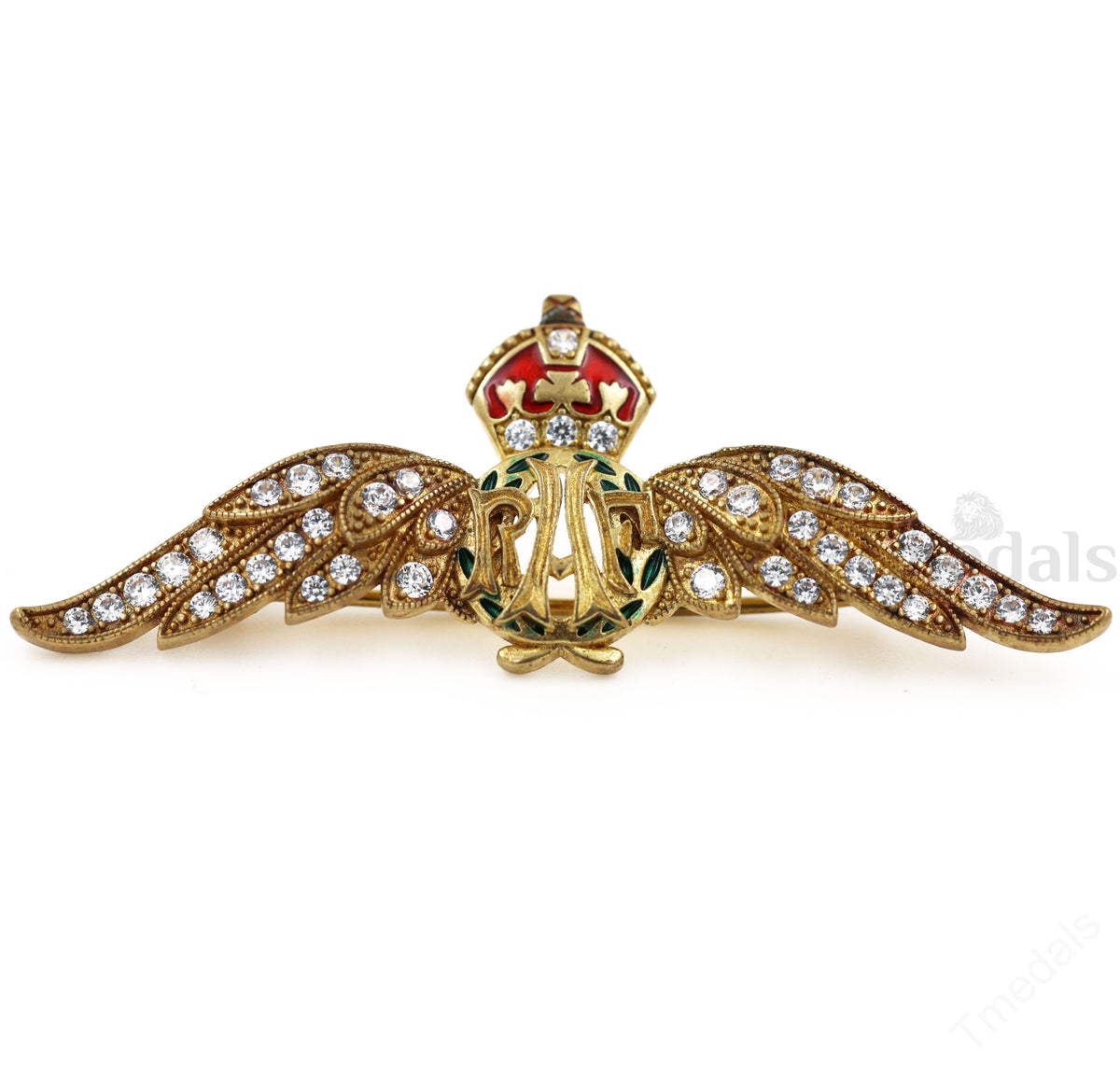 Cased Uk RAF Pilot Wings Brooch–Gold-Tone, Rhinestones & Enamel