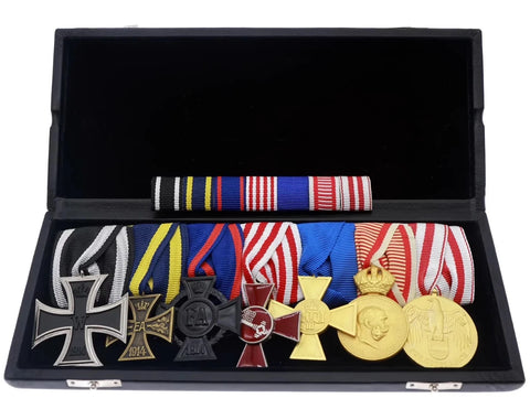WW1 German 7-Place Medal Bar with Matching Ribbon Bar & Leather Case – Repro Replica