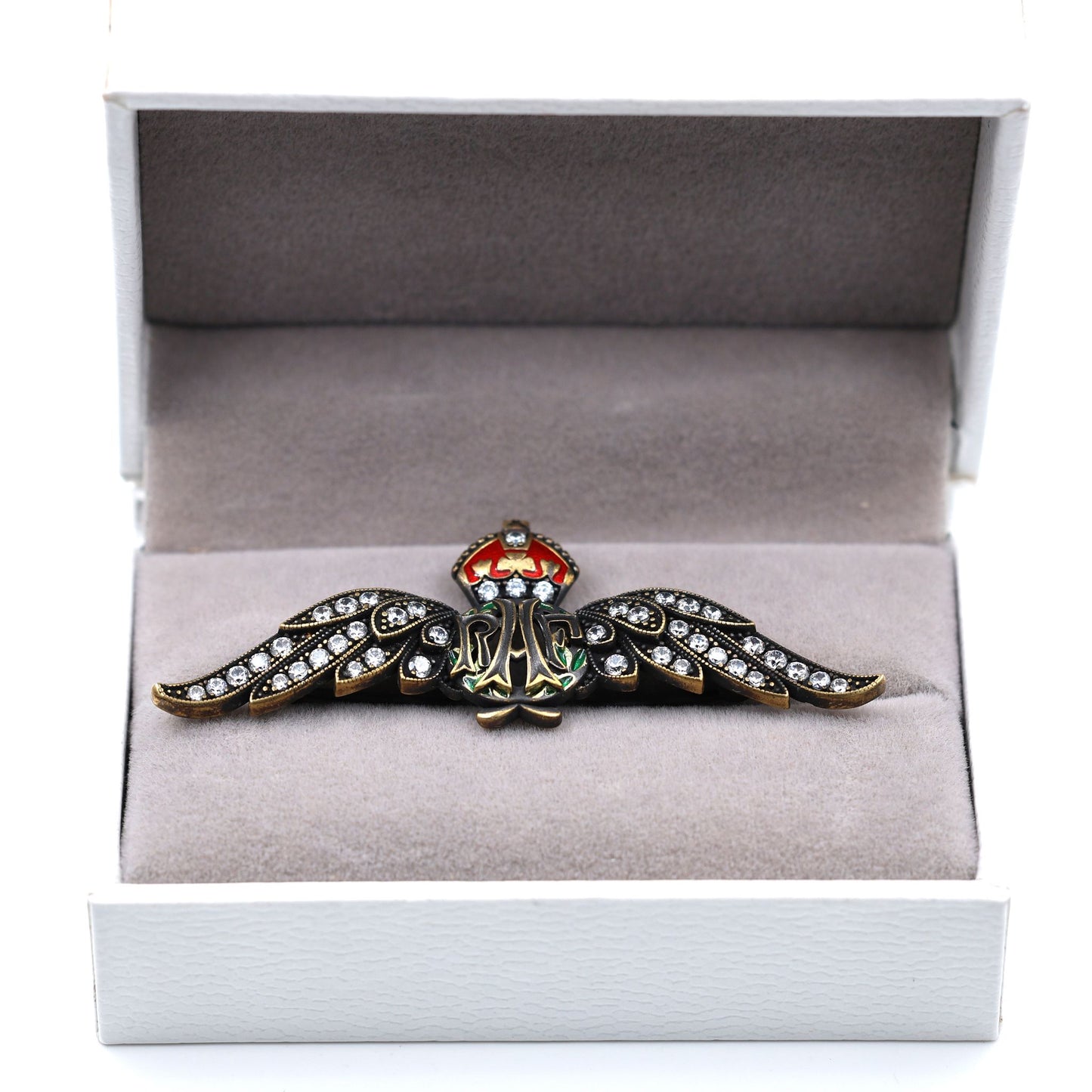 Cased Uk RAF Pilot Wings Brooch–Gold-Tone, Rhinestones & Enamel Crown (Replica)