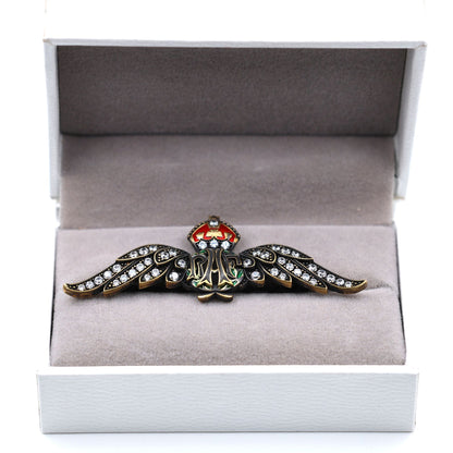 Cased Uk RAF Pilot Wings Brooch–Gold-Tone, Rhinestones & Enamel Crown (Replica)