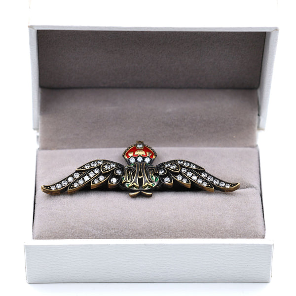 Cased Uk RAF Pilot Wings Brooch–Gold-Tone, Rhinestones & Enamel Crown (Replica)