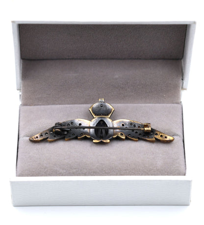 Cased Uk RAF Pilot Wings Brooch–Gold-Tone, Rhinestones & Enamel Crown (Replica)