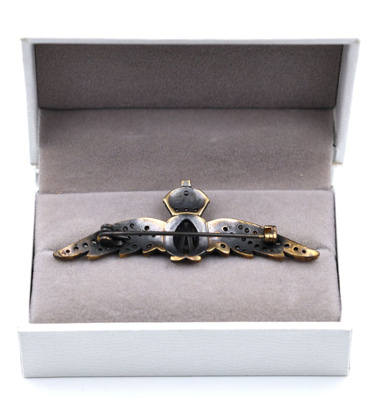 Cased Uk RAF Pilot Wings Brooch–Gold-Tone, Rhinestones & Enamel Crown (Replica)