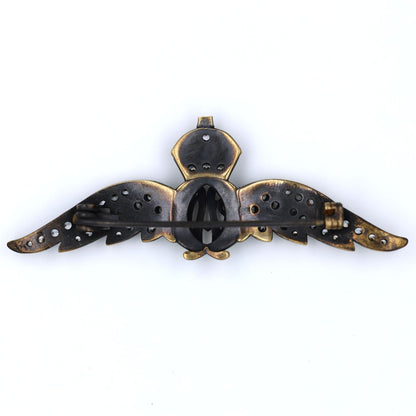 Cased Uk RAF Pilot Wings Brooch–Gold-Tone, Rhinestones & Enamel Crown (Replica)