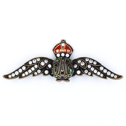 Cased Uk RAF Pilot Wings Brooch–Gold-Tone, Rhinestones & Enamel Crown (Replica)
