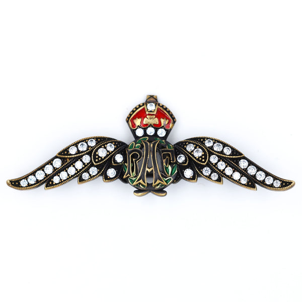 Cased Uk RAF Pilot Wings Brooch–Gold-Tone, Rhinestones & Enamel Crown (Replica)