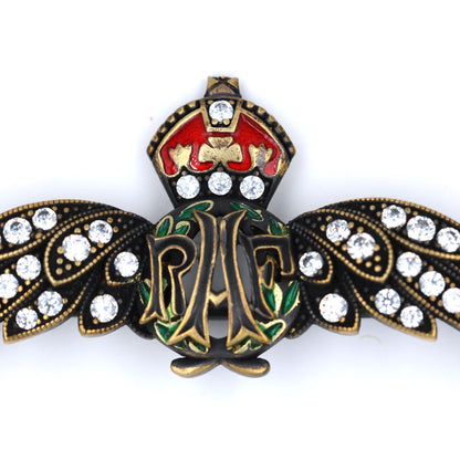 Cased Uk RAF Pilot Wings Brooch–Gold-Tone, Rhinestones & Enamel Crown (Replica)