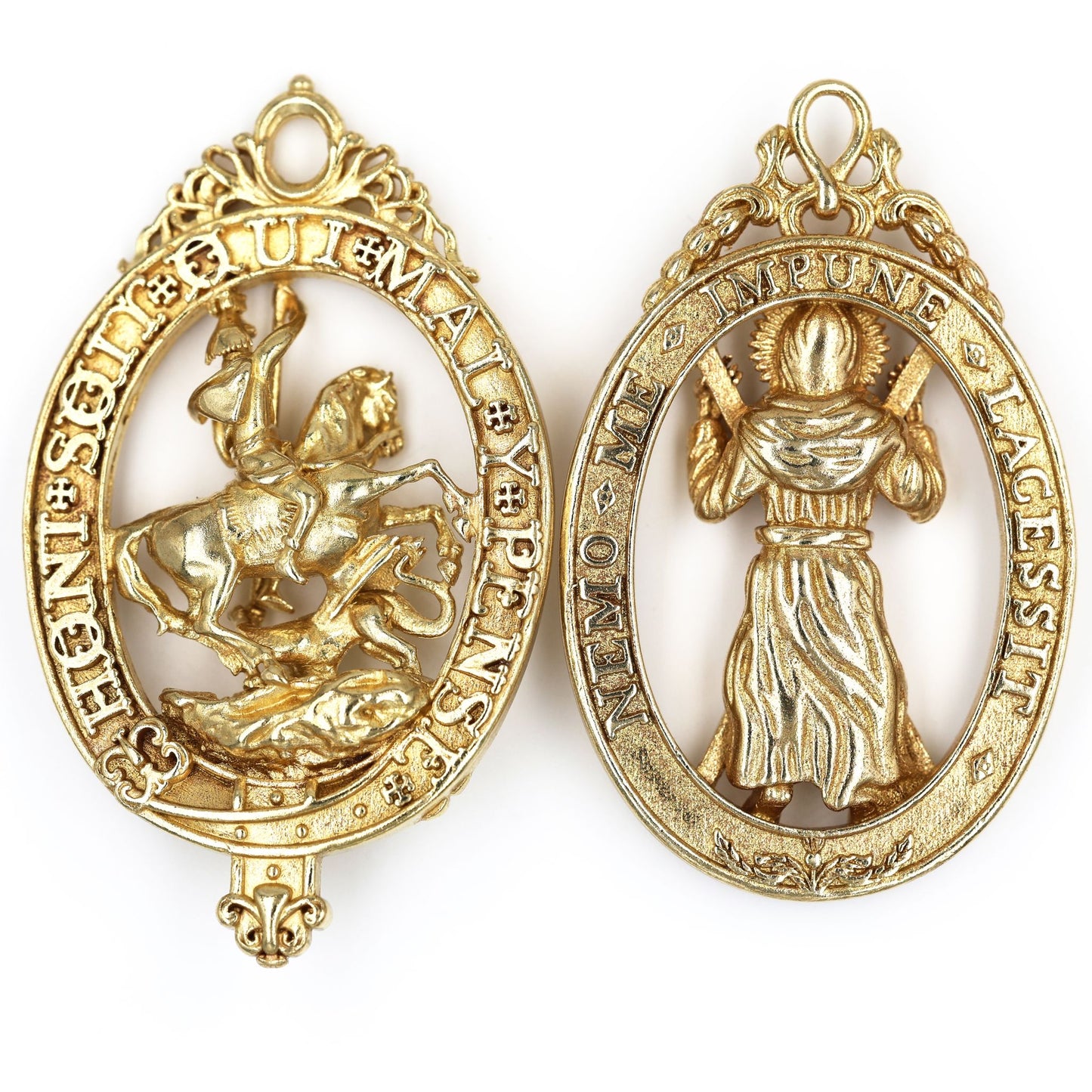 Pair British Order of the Garter & Thistle Pendants Brass Replica Badges