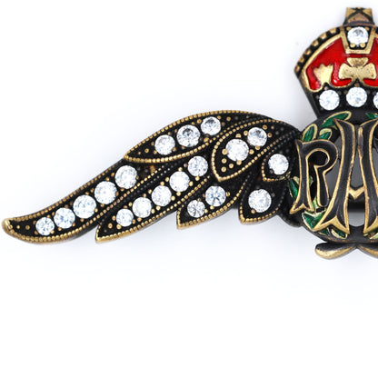 Cased Uk RAF Pilot Wings Brooch–Gold-Tone, Rhinestones & Enamel Crown (Replica)
