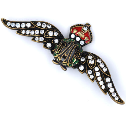 Cased Uk RAF Pilot Wings Brooch–Gold-Tone, Rhinestones & Enamel Crown (Replica)