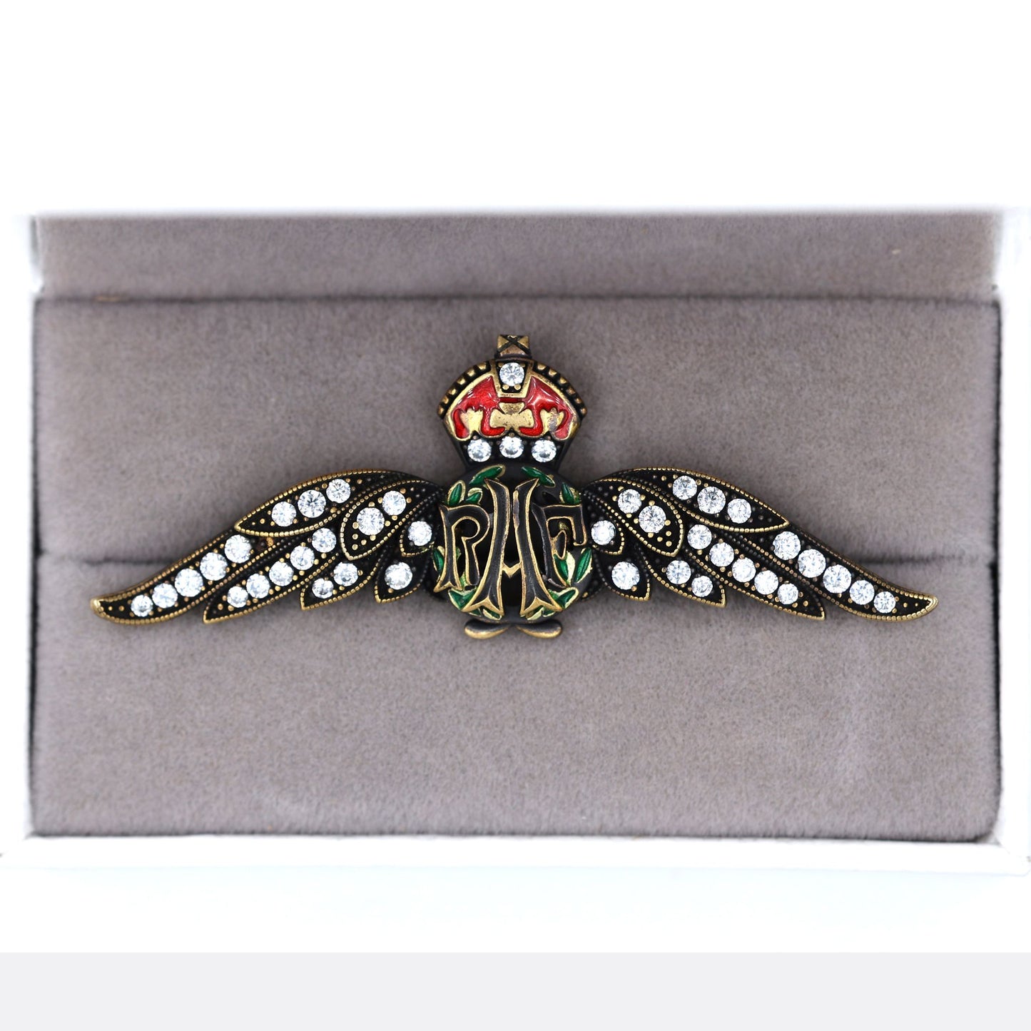 Cased Uk RAF Pilot Wings Brooch–Gold-Tone, Rhinestones & Enamel Crown (Replica)