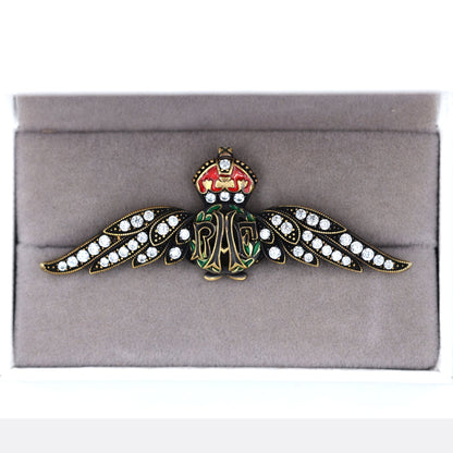 Cased Uk RAF Pilot Wings Brooch–Gold-Tone, Rhinestones & Enamel Crown (Replica)