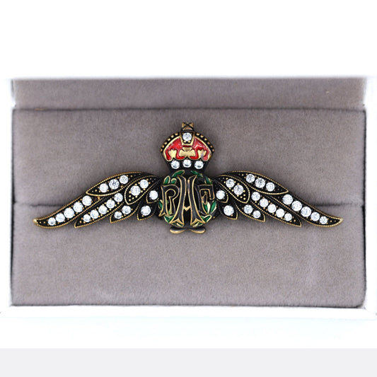 Cased Uk RAF Pilot Wings Brooch–Gold-Tone, Rhinestones & Enamel Crown (Replica)