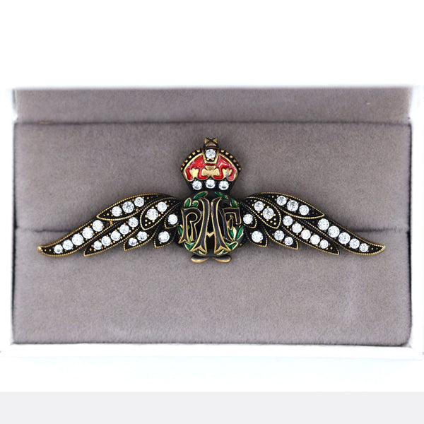 Cased Uk RAF Pilot Wings Brooch–Gold-Tone, Rhinestones & Enamel Crown (Replica)