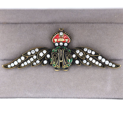 Cased Uk RAF Pilot Wings Brooch–Gold-Tone, Rhinestones & Enamel Crown (Replica)