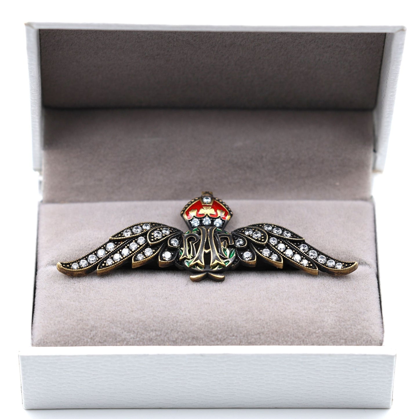 Cased Uk RAF Pilot Wings Brooch–Gold-Tone, Rhinestones & Enamel Crown (Replica)