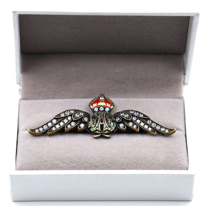 Cased Uk RAF Pilot Wings Brooch–Gold-Tone, Rhinestones & Enamel Crown (Replica)
