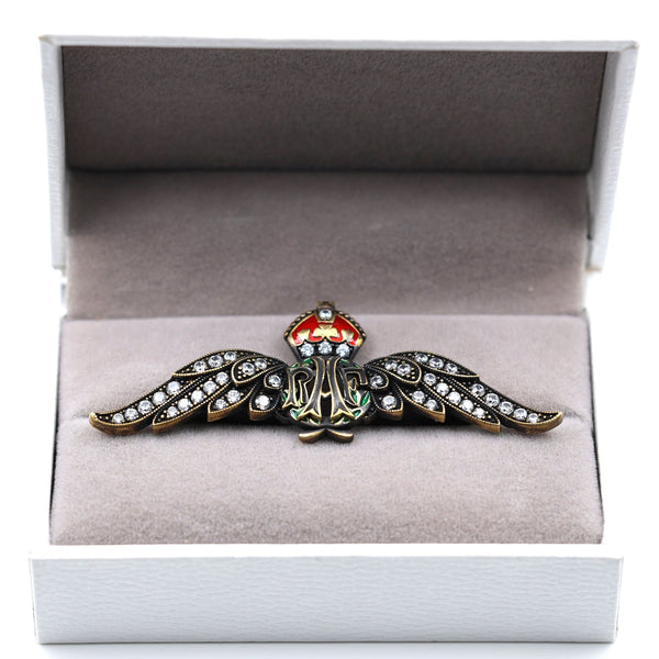 Cased Uk RAF Pilot Wings Brooch–Gold-Tone, Rhinestones & Enamel Crown (Replica)