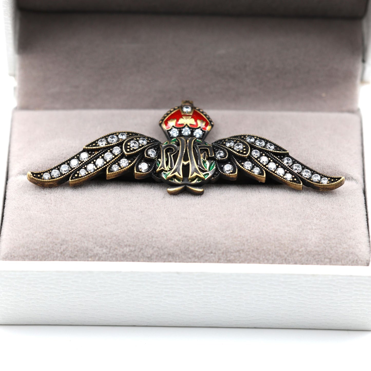 Cased Uk RAF Pilot Wings Brooch–Gold-Tone, Rhinestones & Enamel Crown (Replica)