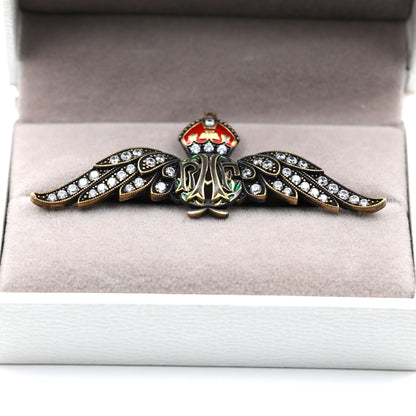 Cased Uk RAF Pilot Wings Brooch–Gold-Tone, Rhinestones & Enamel Crown (Replica)