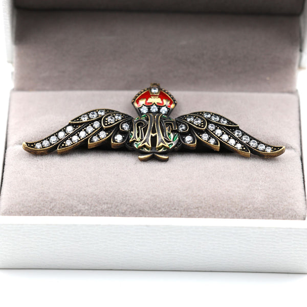 Cased Uk RAF Pilot Wings Brooch–Gold-Tone, Rhinestones & Enamel Crown (Replica)