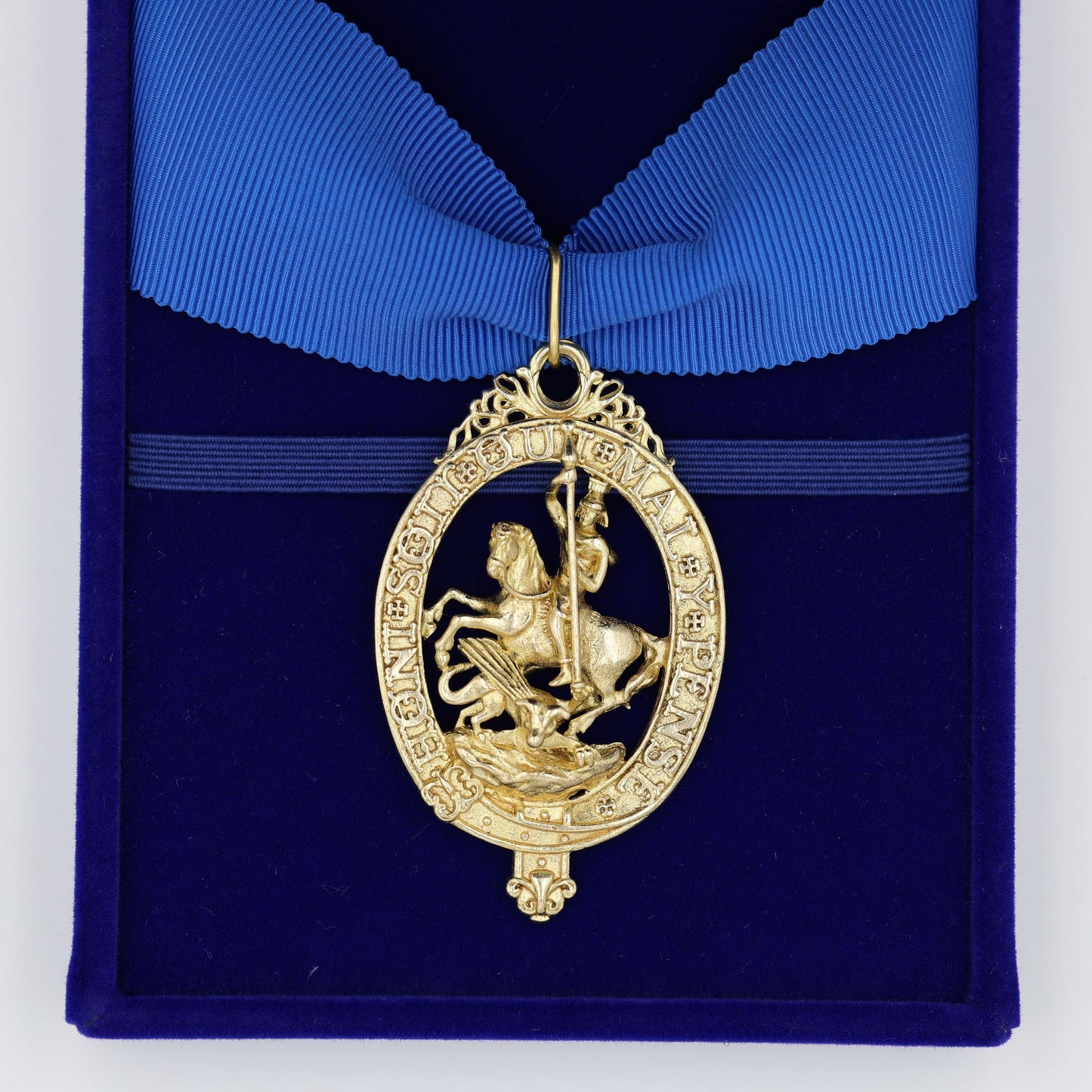 Cased British Order of the Garter “Lesser George” St George Neck Badge Ribbon Replica