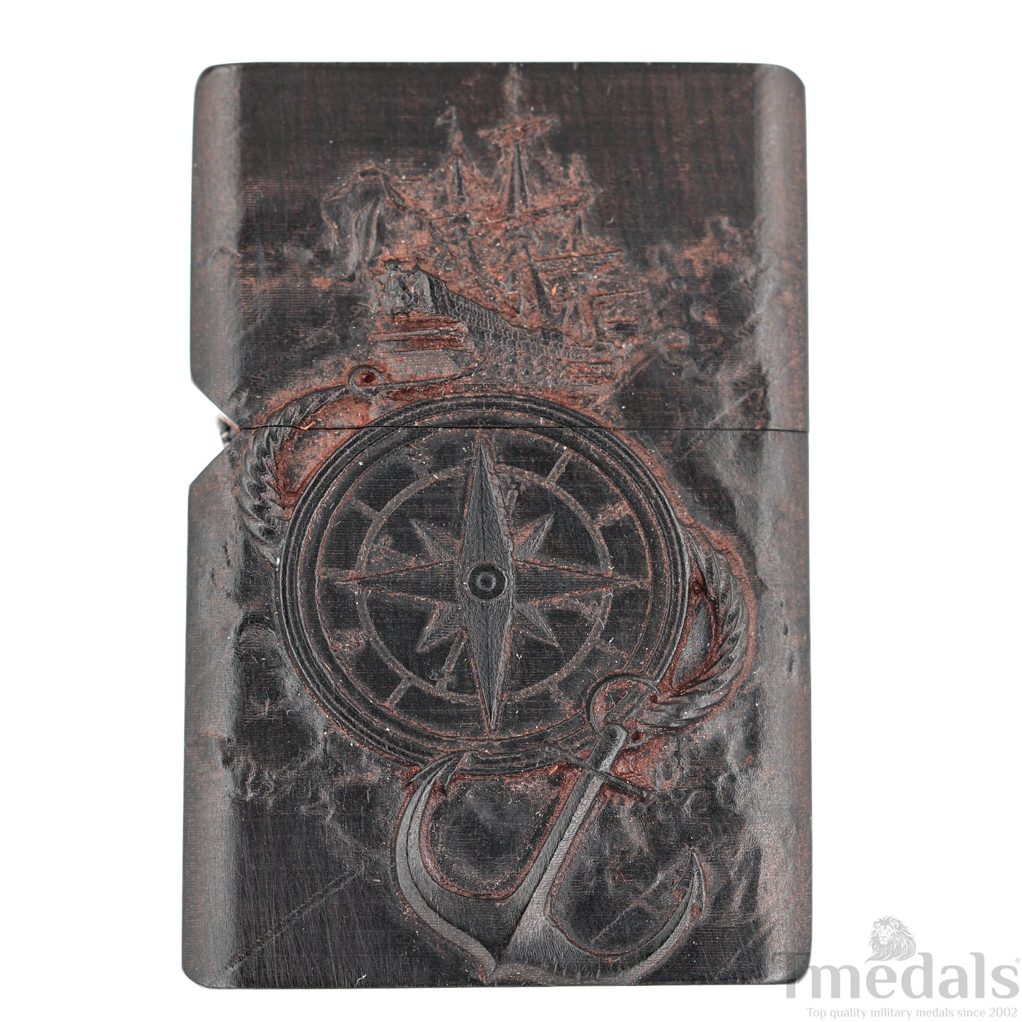 Hand-Carved U.S. Navy Inspired Wooden Lighter Case–Fits Standard Metal Insert – No Insert