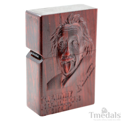Einstein-Inspired Carved Wooden Lighter Case – Fits Standard Insert – No Insert Tmedals