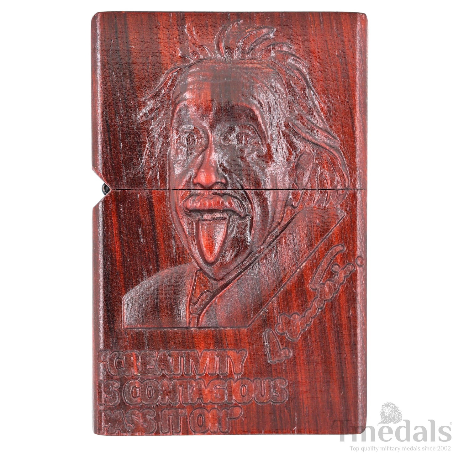Einstein-Inspired Carved Wooden Lighter Case – Fits Standard Insert – No Insert Tmedals