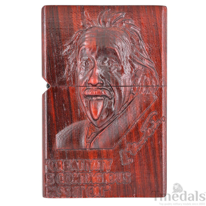 Einstein-Inspired Carved Wooden Lighter Case – Fits Standard Insert – No Insert Tmedals