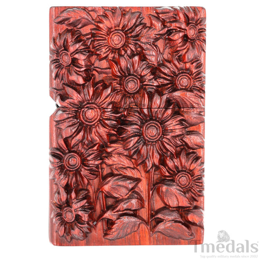 Hand-Carved Sunflower Wooden Lighter Case – Fits Standard Insert – No Insert