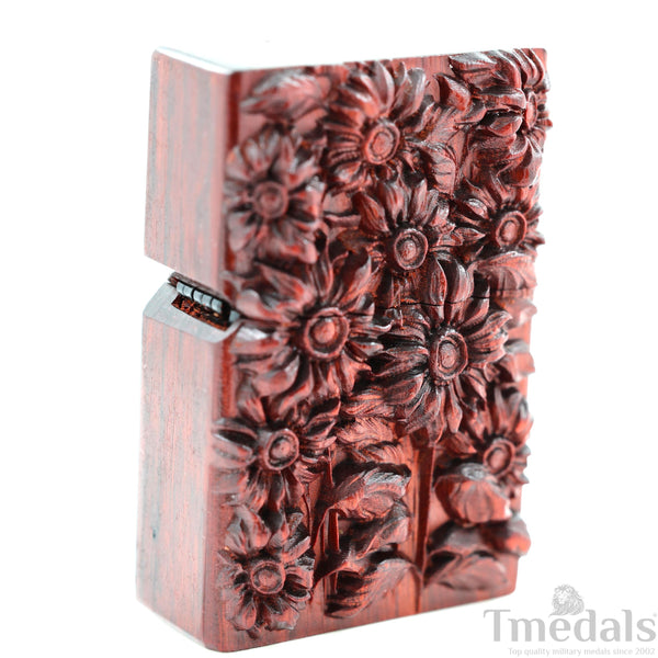 Hand-Carved Sunflower Wooden Lighter Case – Fits Standard Insert – No Insert