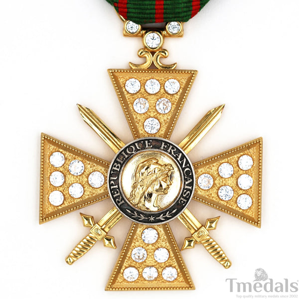 France Croix de Guerre 1914–1918 w/ Diamonds – Marshal Foch – 925 Silver Replica Repro