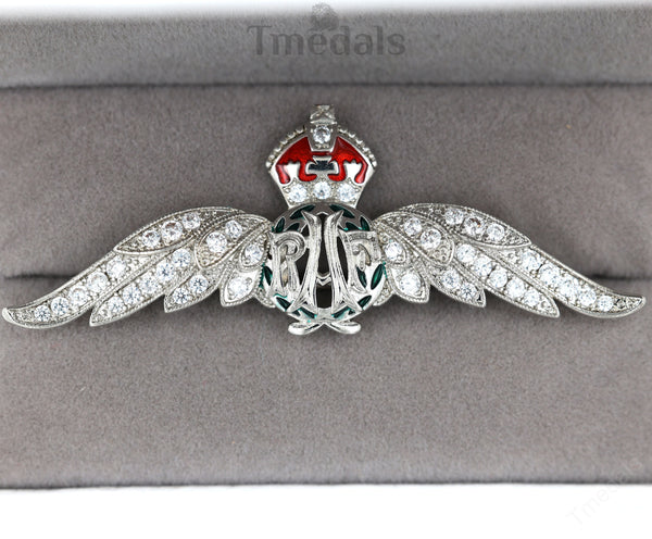 Cased UK RAF Pilot Wings Brooch Silver-Tone, Glass Rhinestones & Enamel Replica