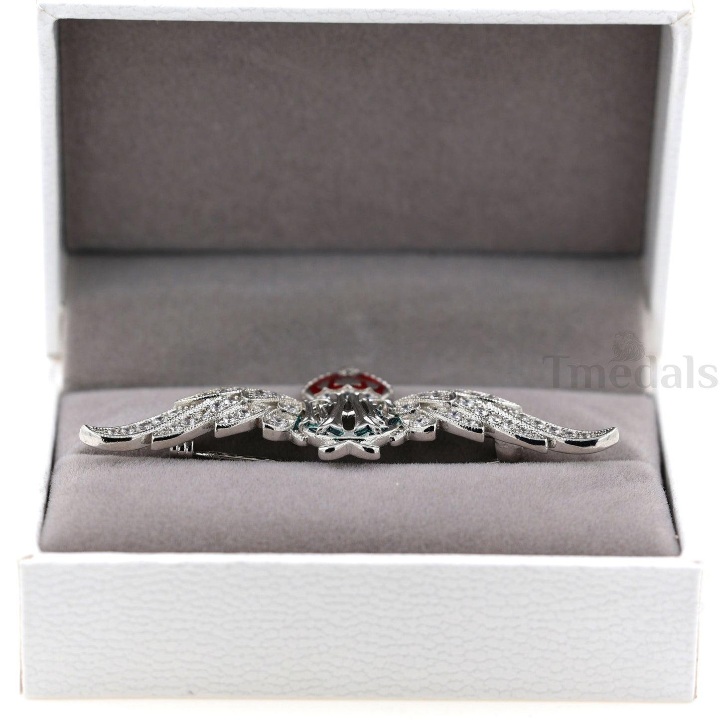 Cased UK RAF Pilot Wings Brooch Silver-Tone, Glass Rhinestones & Enamel Replica