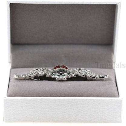 Cased UK RAF Pilot Wings Brooch Silver-Tone, Glass Rhinestones & Enamel Replica