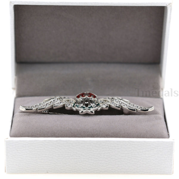 Cased UK RAF Pilot Wings Brooch Silver-Tone, Glass Rhinestones & Enamel Replica