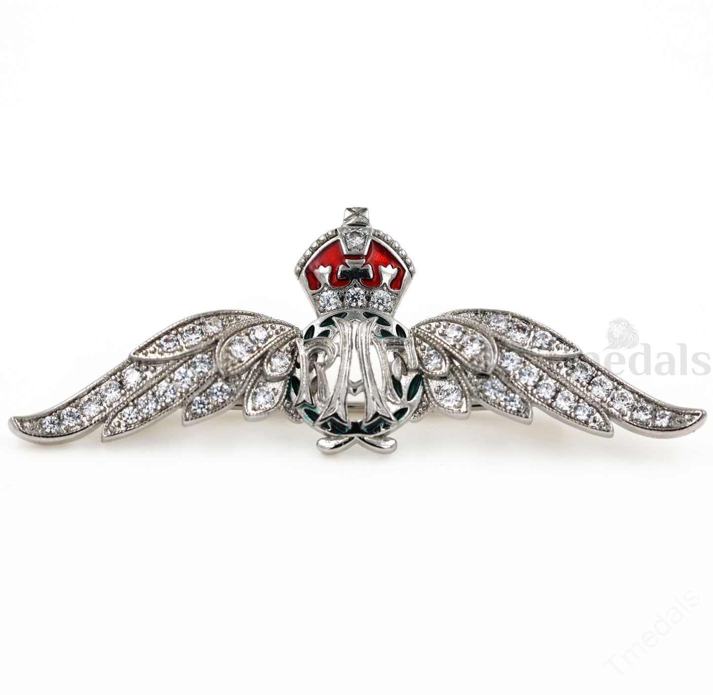 Cased UK RAF Pilot Wings Brooch Silver-Tone, Glass Rhinestones & Enamel Replica