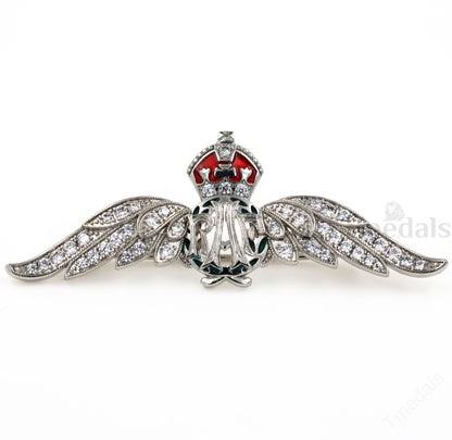 Cased UK RAF Pilot Wings Brooch Silver-Tone, Glass Rhinestones & Enamel Replica