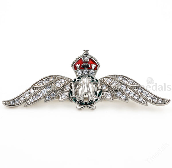 Cased UK RAF Pilot Wings Brooch Silver-Tone, Glass Rhinestones & Enamel Replica
