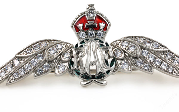 Cased UK RAF Pilot Wings Brooch Silver-Tone, Glass Rhinestones & Enamel Replica