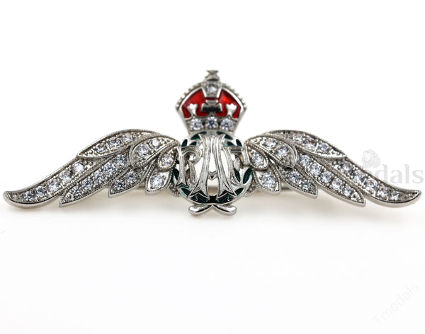 Cased UK RAF Pilot Wings Brooch Silver-Tone, Glass Rhinestones & Enamel Replica