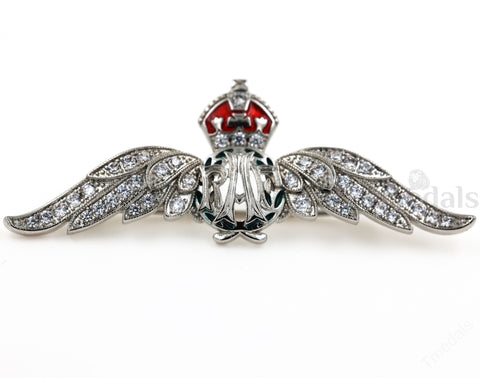 Cased UK RAF Pilot Wings Brooch Silver-Tone, Glass Rhinestones & Enamel Replica