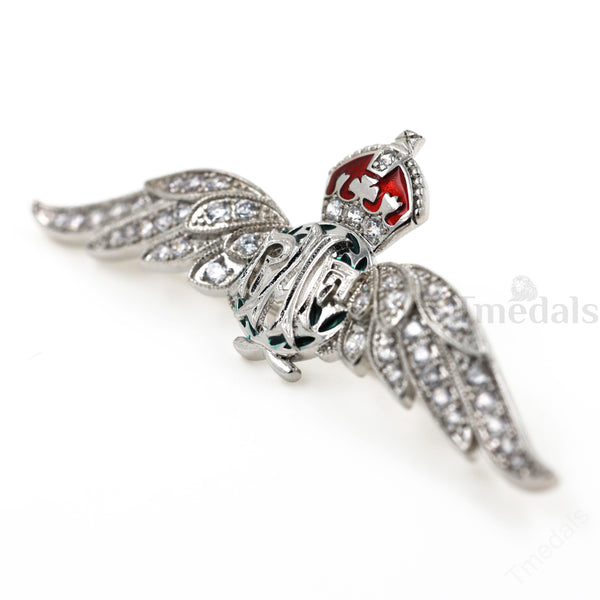 Cased UK RAF Pilot Wings Brooch Silver-Tone, Glass Rhinestones & Enamel Replica