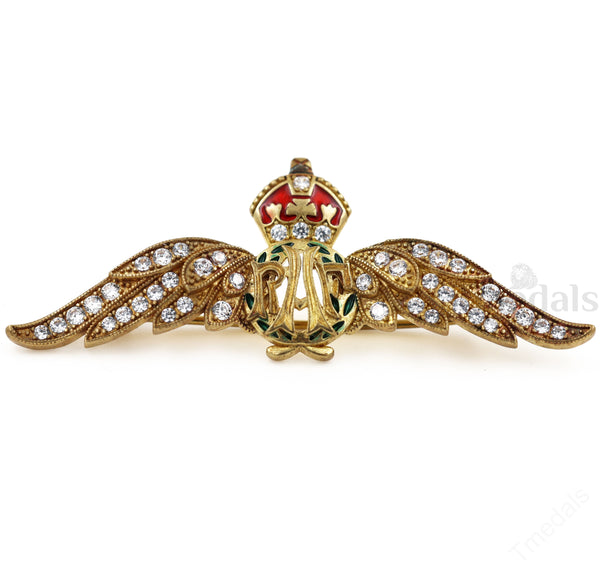 Cased Uk RAF Pilot Wings Brooch–Gold-Tone, Rhinestones & Enamel Crown (Replica)