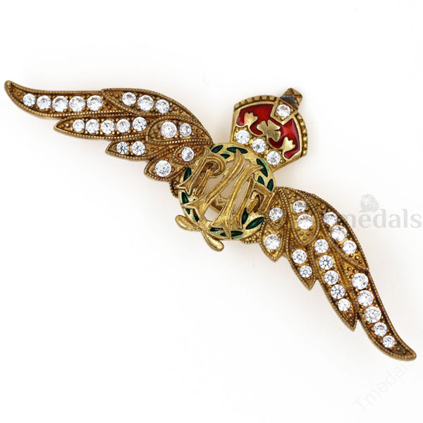 Cased Uk RAF Pilot Wings Brooch–Gold-Tone, Rhinestones & Enamel Crown (Replica)