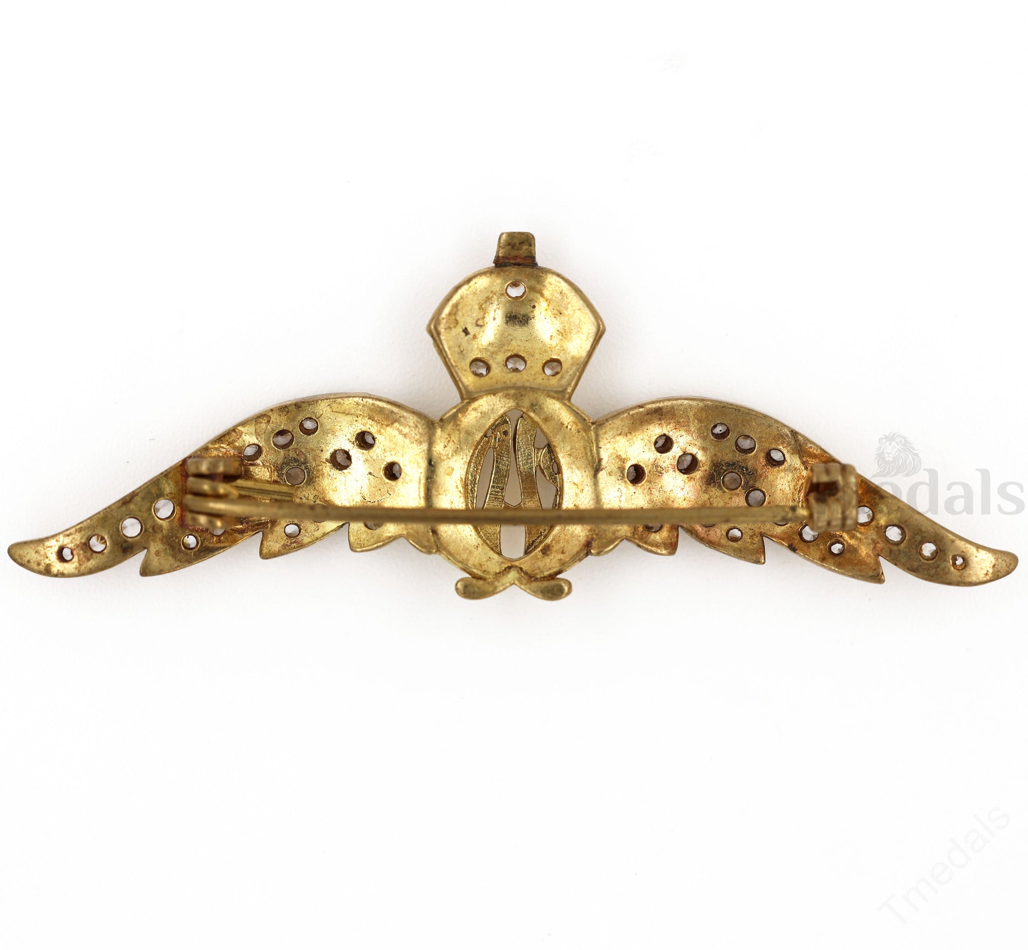 Cased Uk RAF Pilot Wings Brooch–Gold-Tone, Rhinestones & Enamel