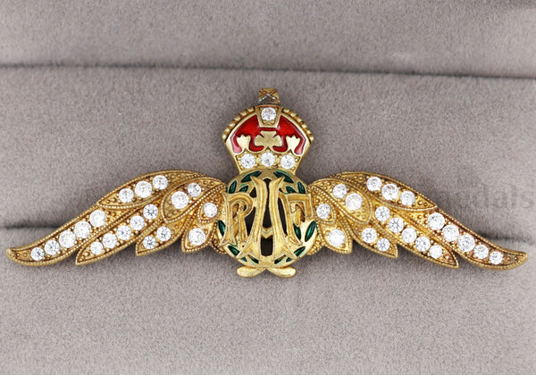 Cased Uk RAF Pilot Wings Brooch–Gold-Tone, Rhinestones & Enamel Crown (Replica)