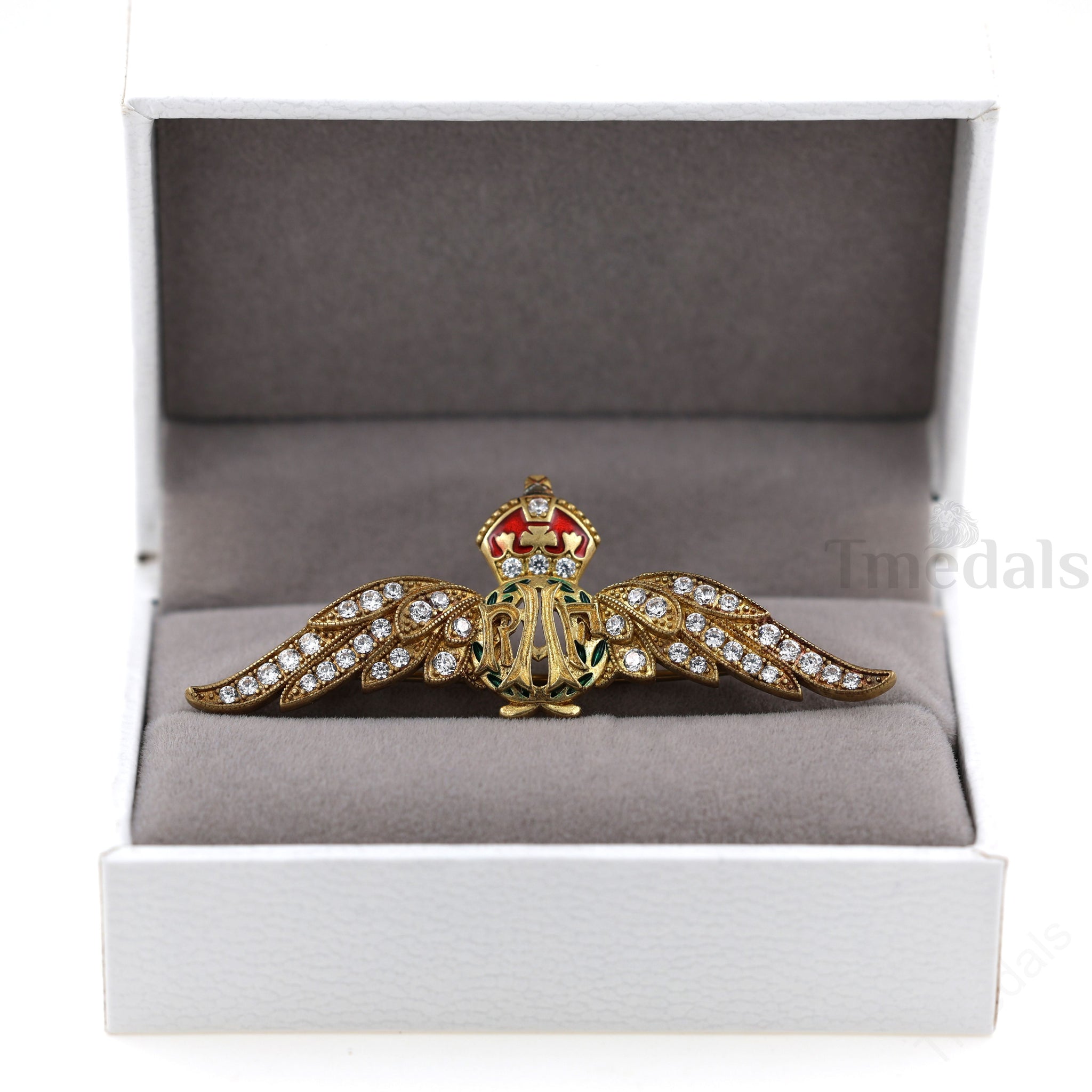 Cased Uk RAF Pilot Wings Brooch–Gold-Tone, Rhinestones & Enamel Crown (Replica)