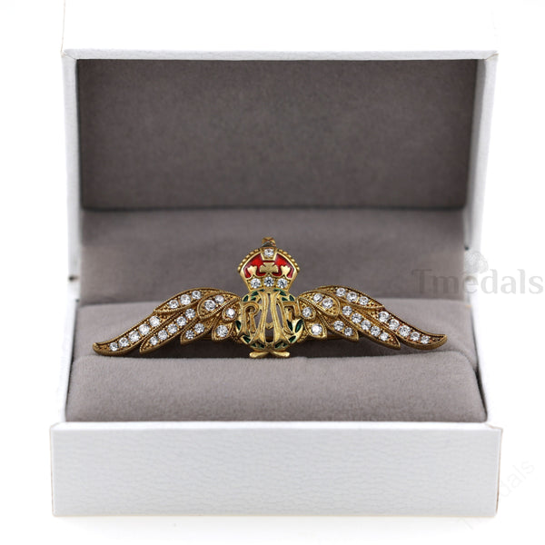 Cased Uk RAF Pilot Wings Brooch–Gold-Tone, Rhinestones & Enamel Crown (Replica)